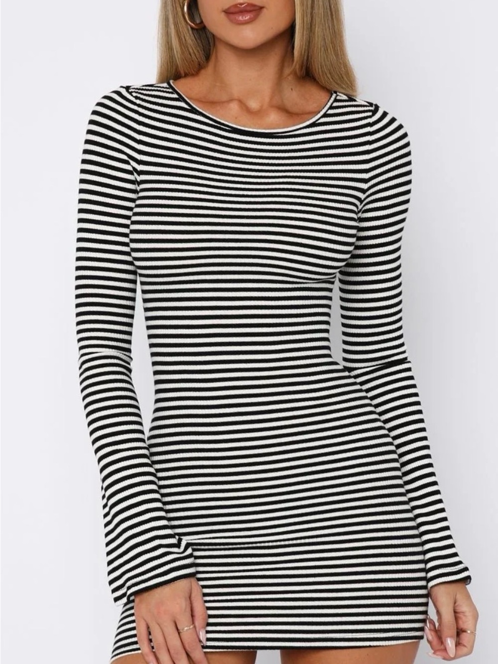 White Fox Boutique Lost Files Long Sleeve Mini Dress Black/White Stripe